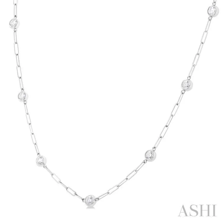 1 ctw Bezel Set Round Cut Diamond Paperclip Station Necklace in 14K White Gold