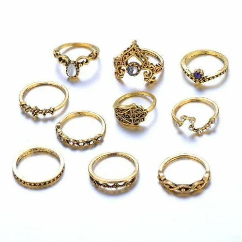 10-Piece Vintage Gemstone Ring Set - High-Quality Zinc Alloy - Fixed Sizes