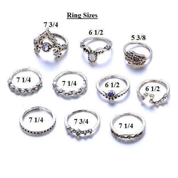 10-Piece Vintage Gemstone Ring Set - High-Quality Zinc Alloy - Fixed Sizes