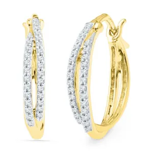 10K Yellow Gold Round Diamond Double Row Hoop Earrings 1/4 Cttw