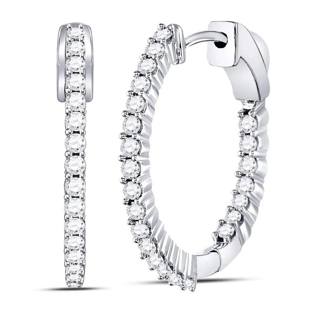 10kt White Gold Womens Round Diamond Inside Outside Hoop Earrings 1.00 Cttw