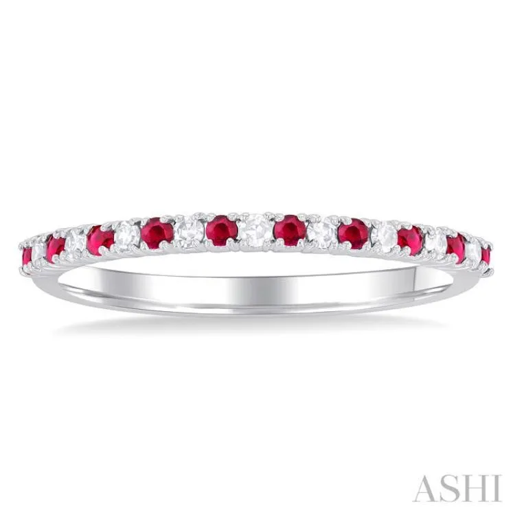 1.35 MM Round Shape Ruby and 1/10 ctw Petite Round Cut Diamond Precious Stack Band in 10K White Gold