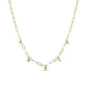 14k 5 Dangling Mixed Diamond Small Paperclip Chain Necklace