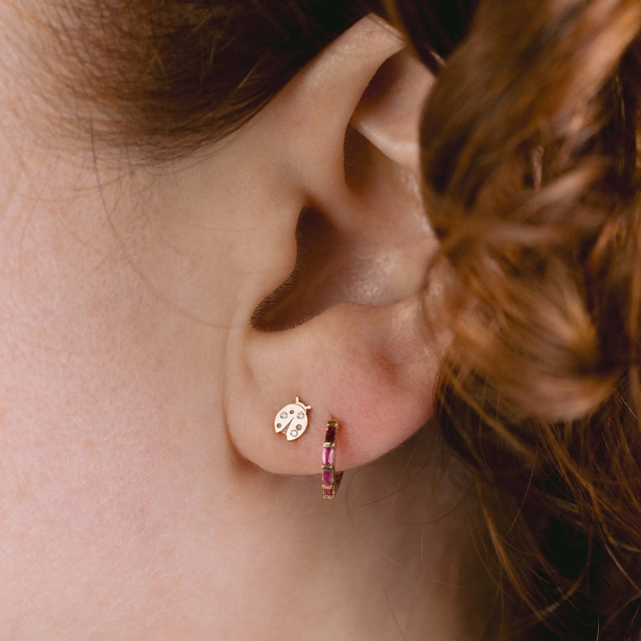 14k Baguette Ruby Hinge Huggie Hoops