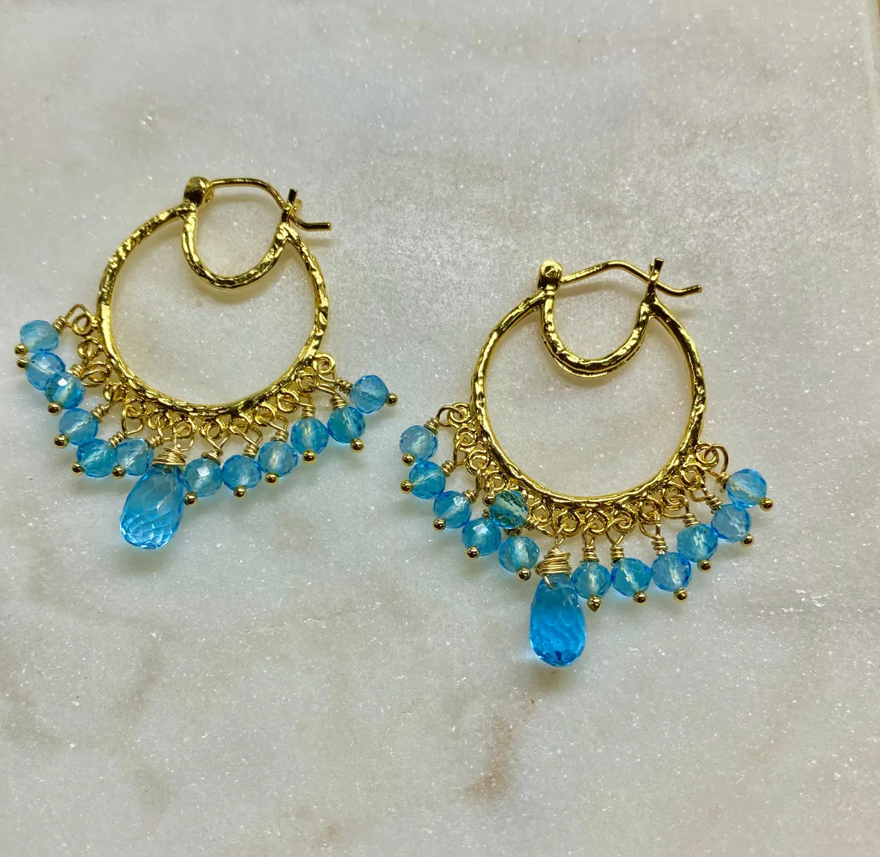14K Blue Topaz Hoop Earrings, Yellow Gold Blue Topaz Hoop Earrings, Hand Made Indian Hoop Earrings