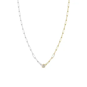 14k Floating Diamond Two Tone Gold Small Paperclip Chain Necklace