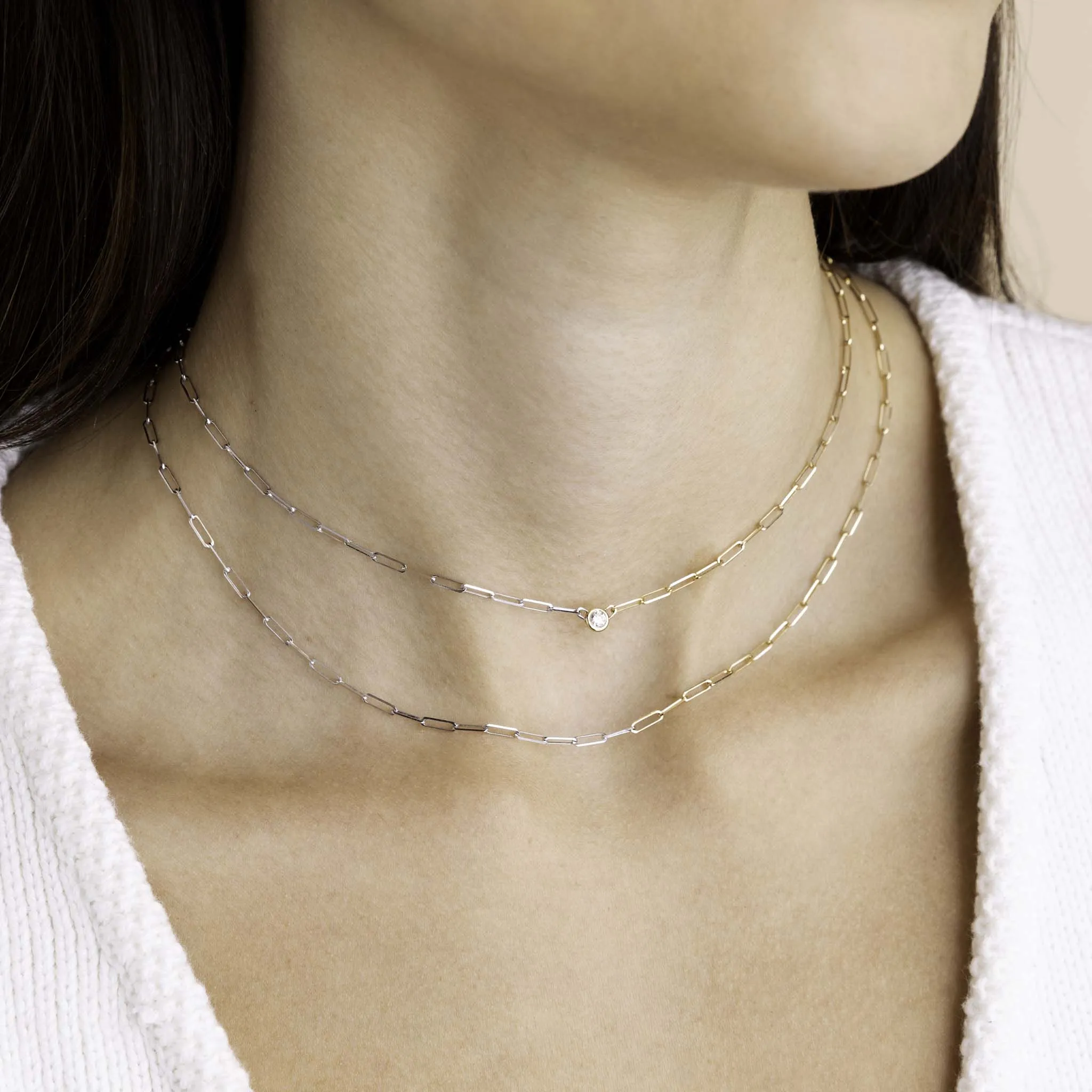 14k Floating Diamond Two Tone Gold Small Paperclip Chain Necklace