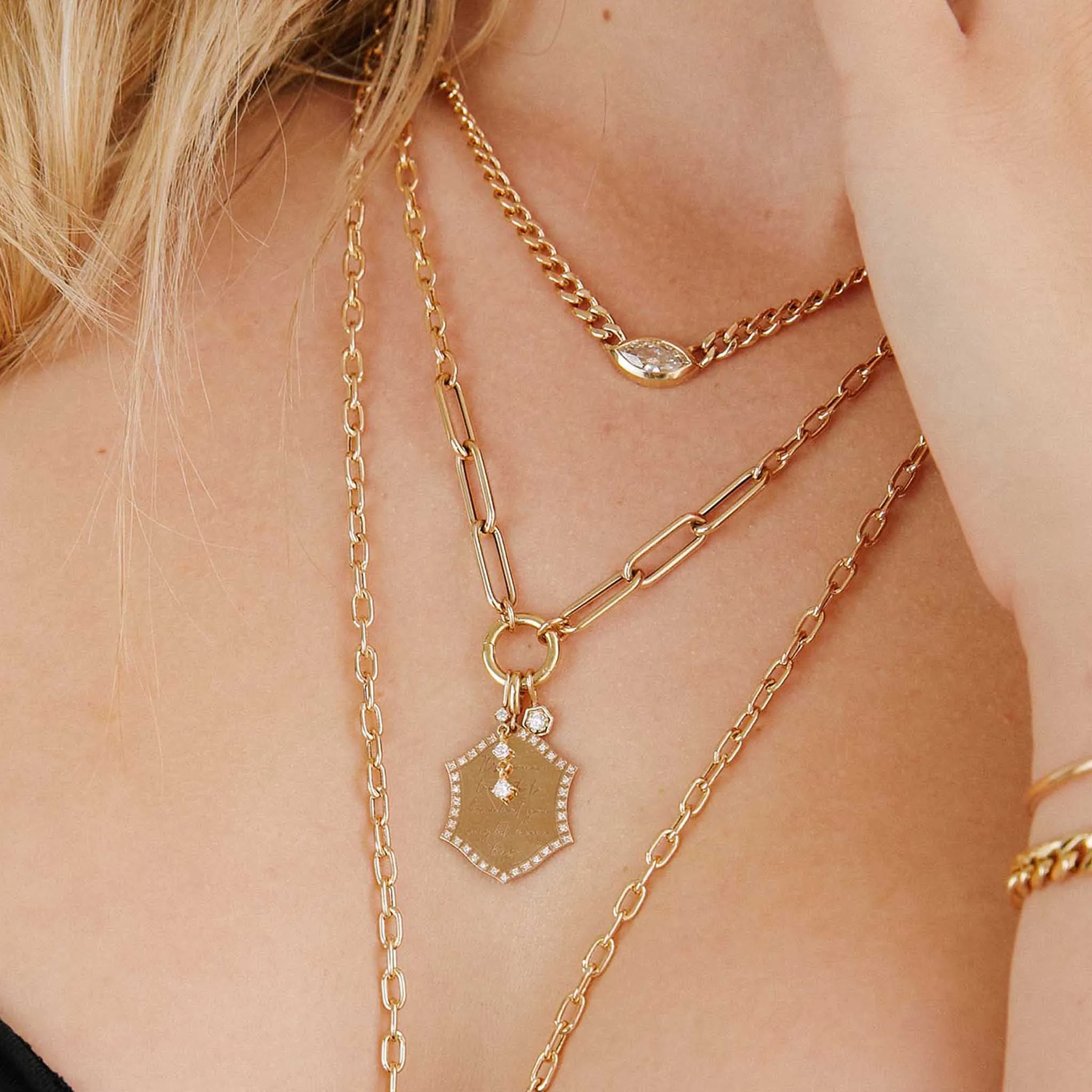 14k Gold Mixed Medium Square Oval & Large Paperclip Chain Round Enhancer Necklace