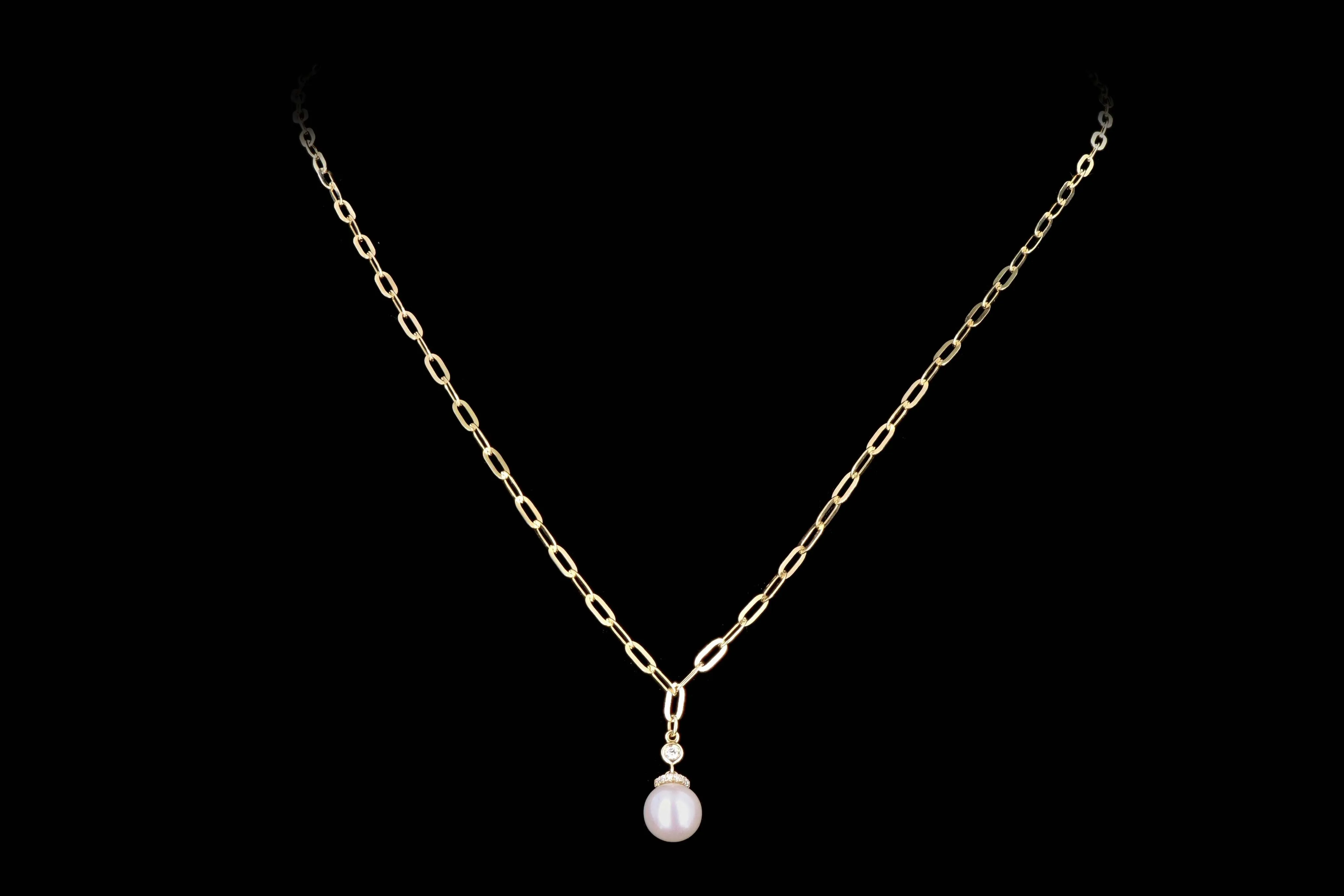 14K Gold Pearl & Diamond Paperclip Chain Pendant Necklace
