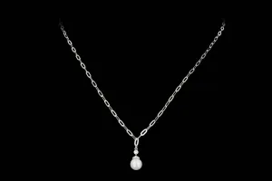 14K Gold Pearl & Diamond Paperclip Chain Pendant Necklace