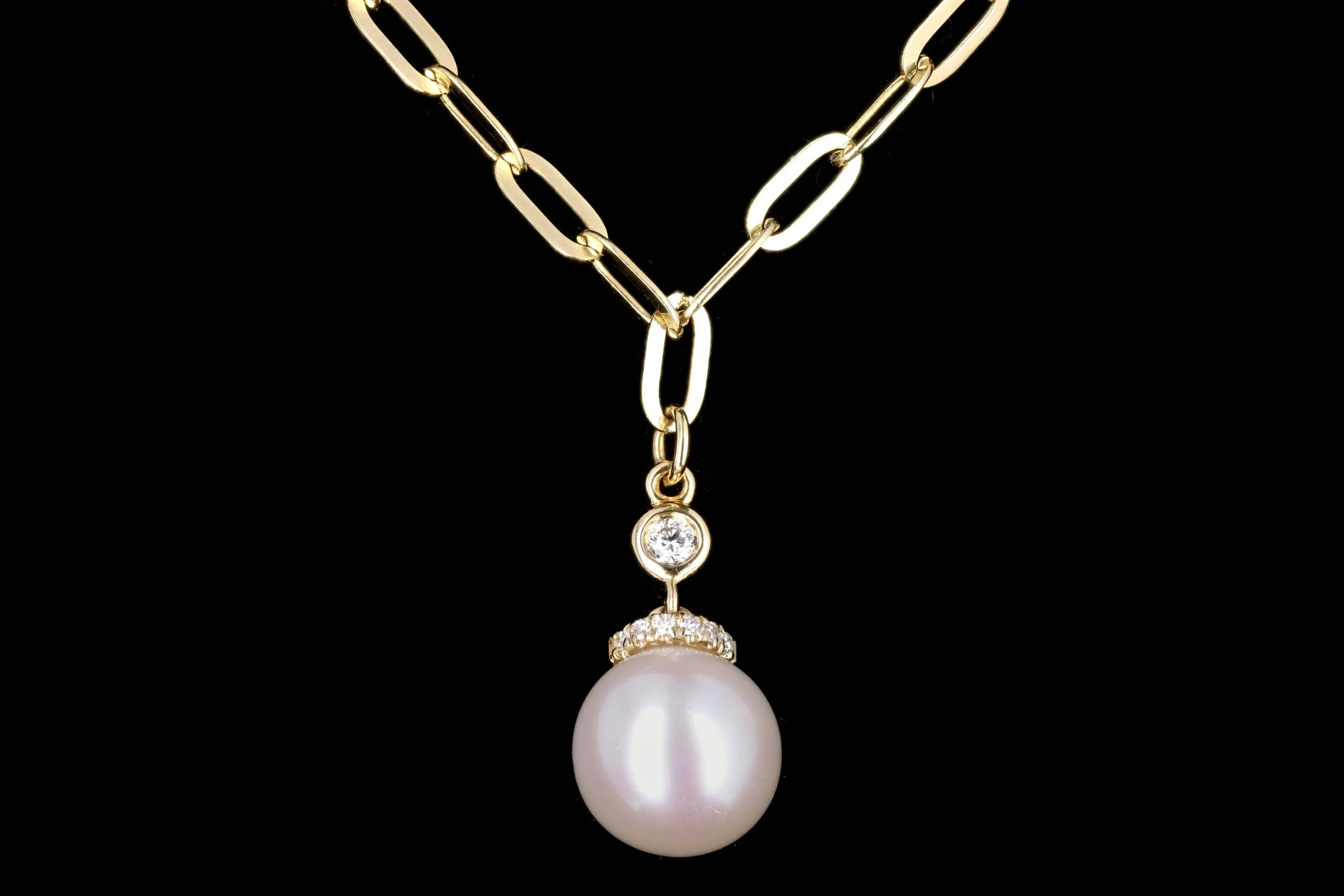 14K Gold Pearl & Diamond Paperclip Chain Pendant Necklace