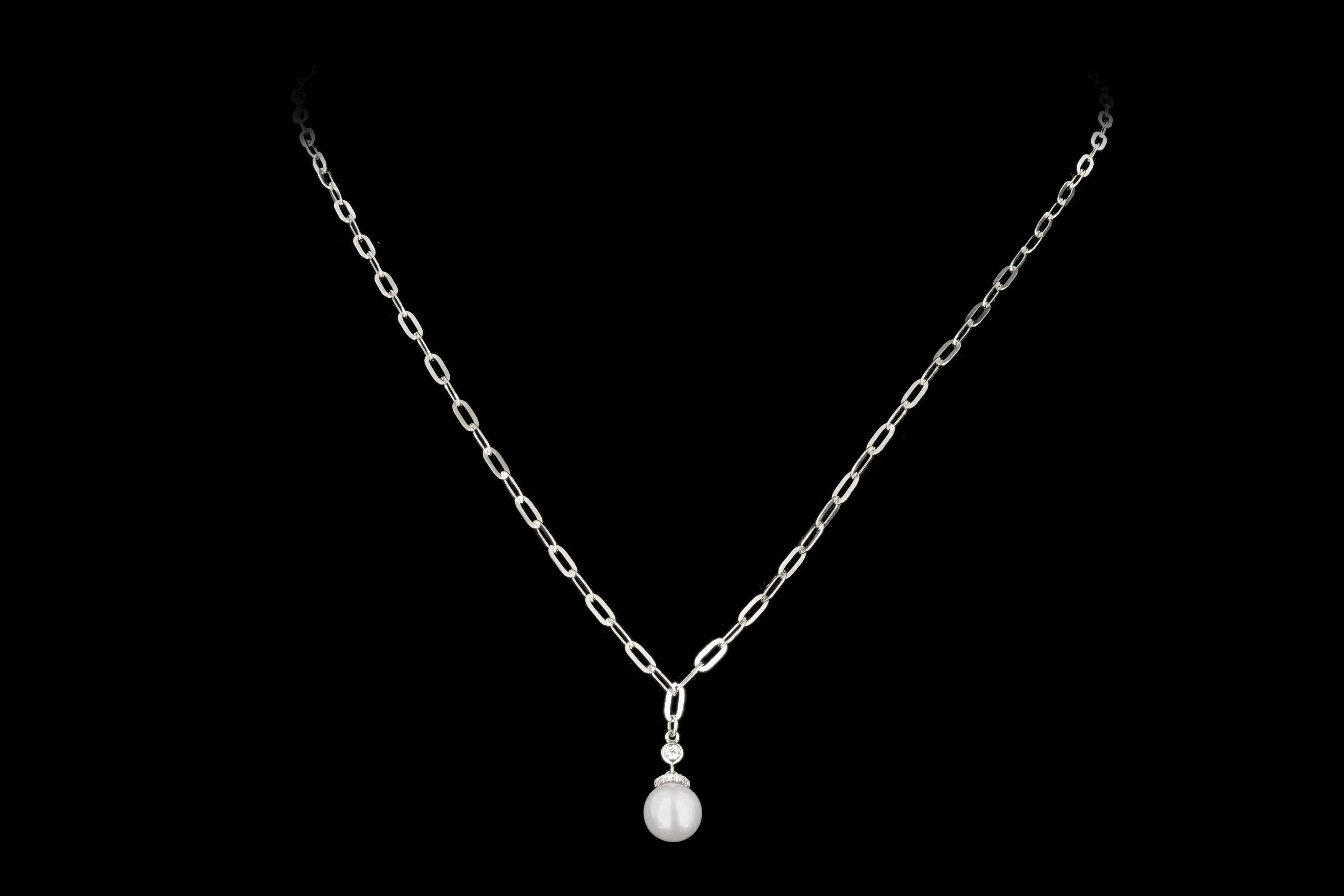 14K Gold Pearl & Diamond Paperclip Chain Pendant Necklace