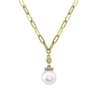 14K Gold Pearl & Diamond Paperclip Chain Pendant Necklace