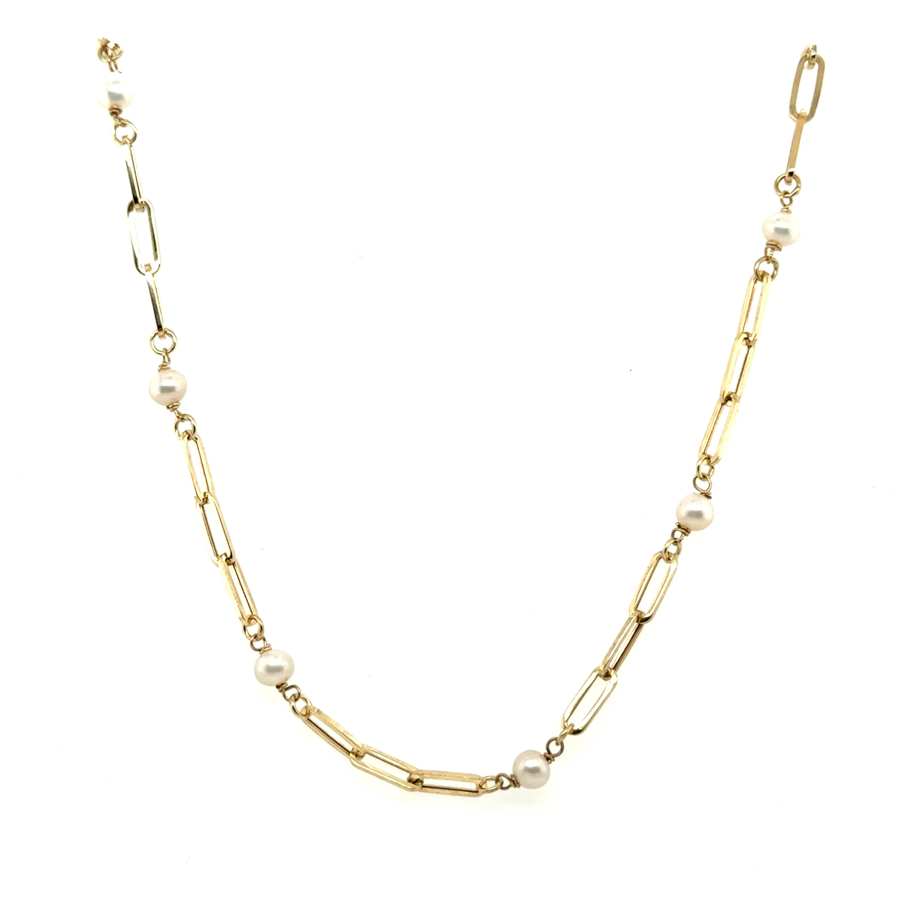 14K Gold Pearl Station Paperclip Link Necklace