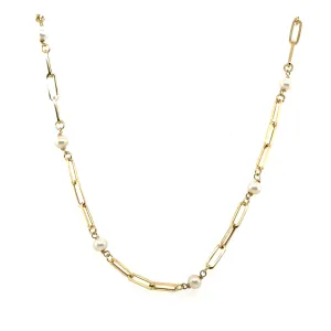 14K Gold Pearl Station Paperclip Link Necklace
