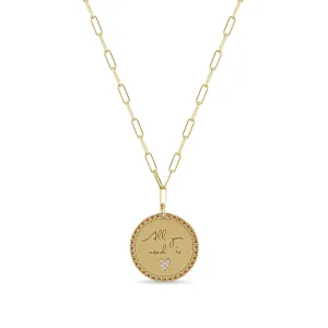 14k Medium "All you need is love" Mantra with Diamond Heart Paperclip Chain Necklace