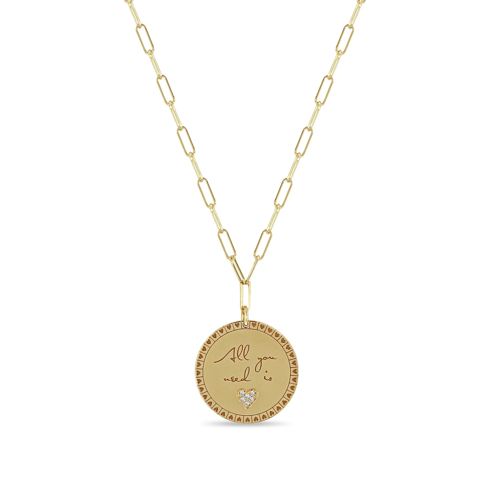 14k Medium "All you need is love" Mantra with Diamond Heart Paperclip Chain Necklace
