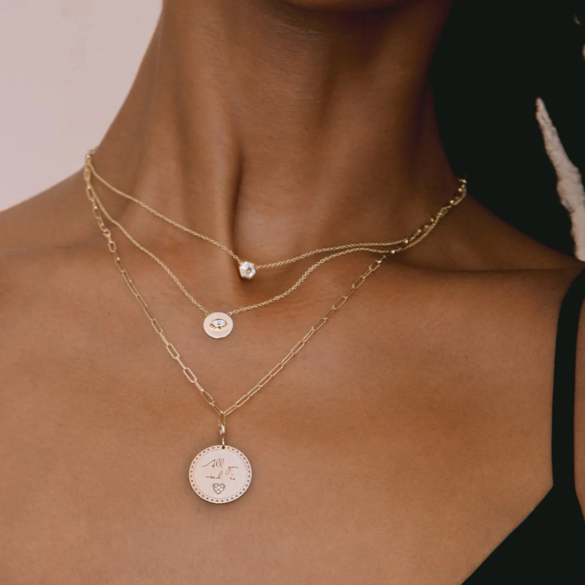 14k Medium "All you need is love" Mantra with Diamond Heart Paperclip Chain Necklace