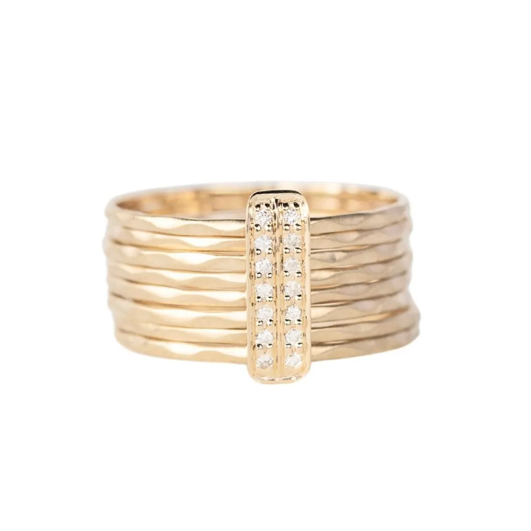 14K Multi Hammered Ring Stack with Double Row of Pave Diamonds