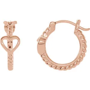14K Rose Pierced Heart Rope Hoop Earrings