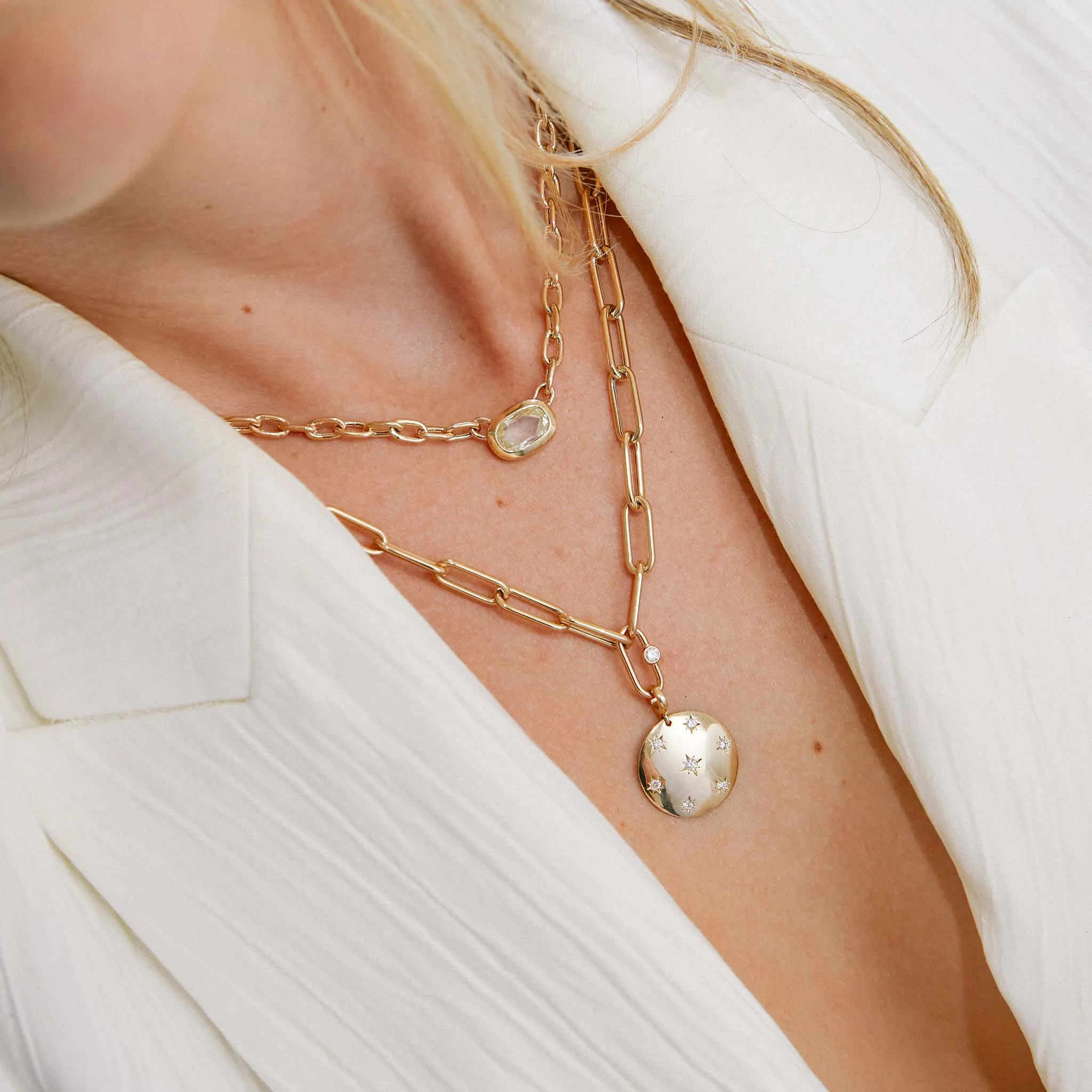 14k Single Diamond Bezel Large Paperclip Chain Necklace