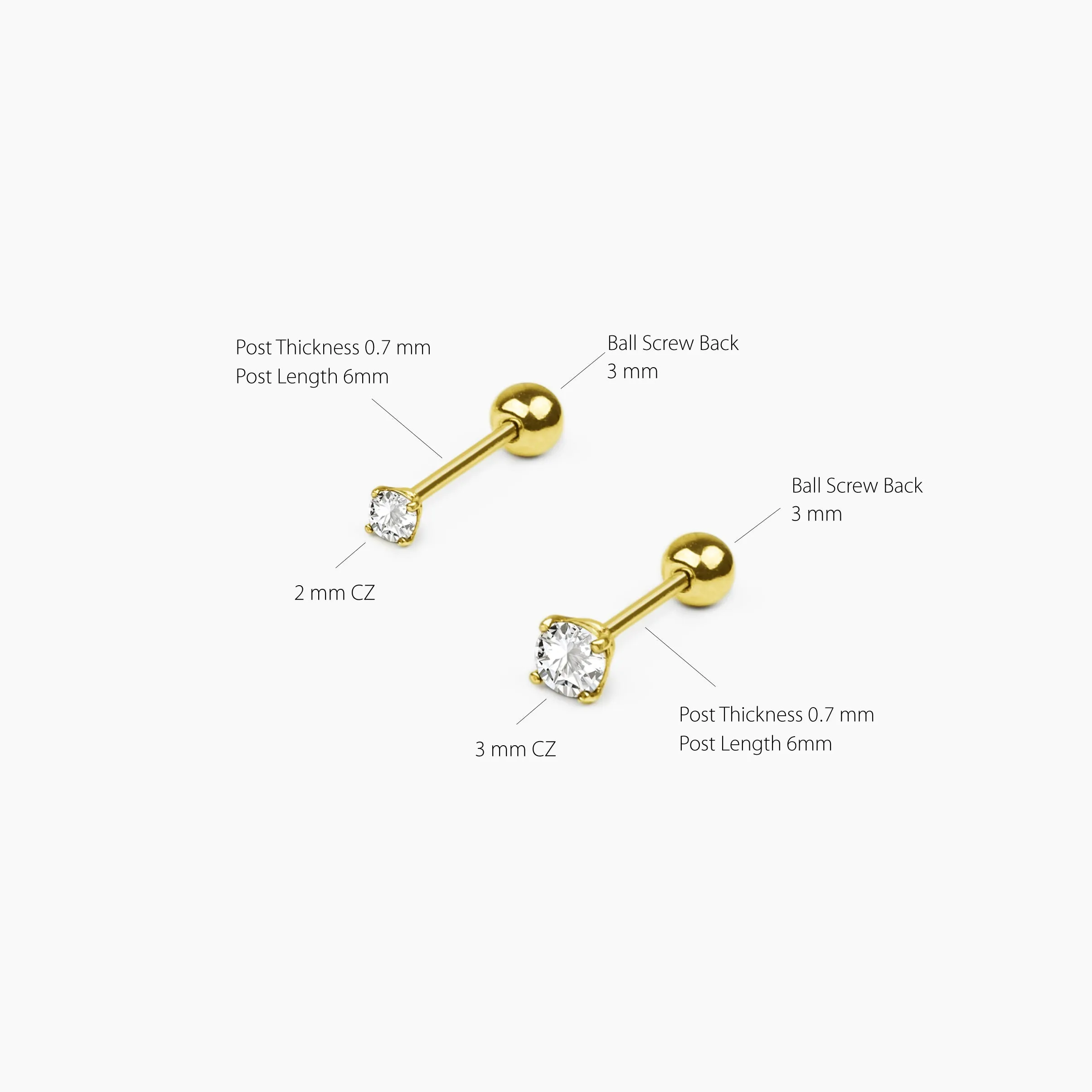 14k Solid Gold 2mm 3mm CZ Stud Earring