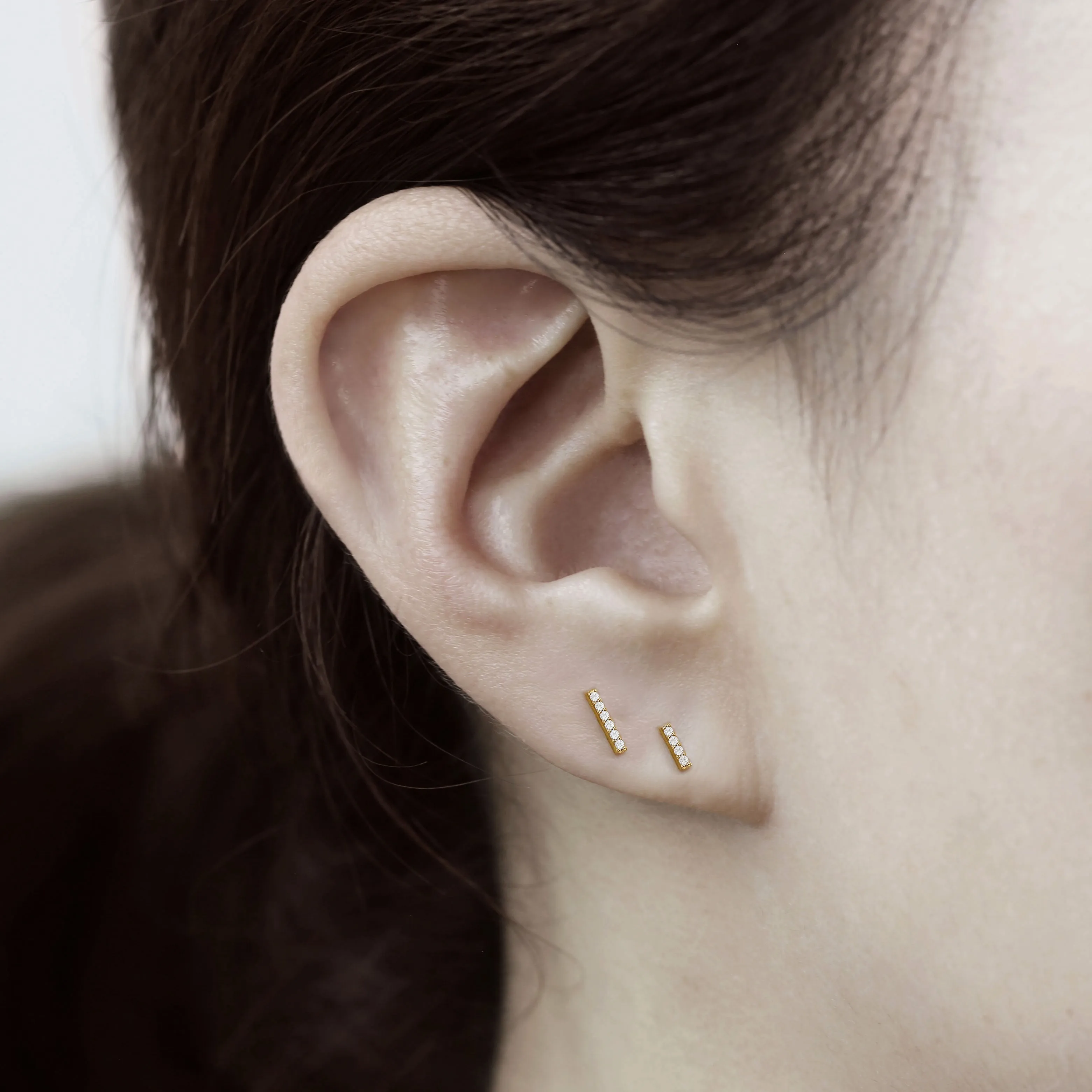 14k Solid Gold CZ Bar Stud Earring