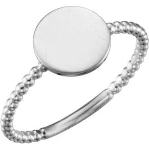 14K White Round Engravable Beaded Ring
