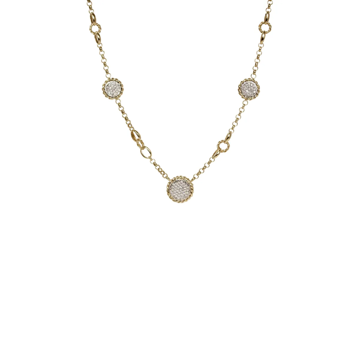 14k Yellow Gold and Three Pave Diamond Stations Necklace