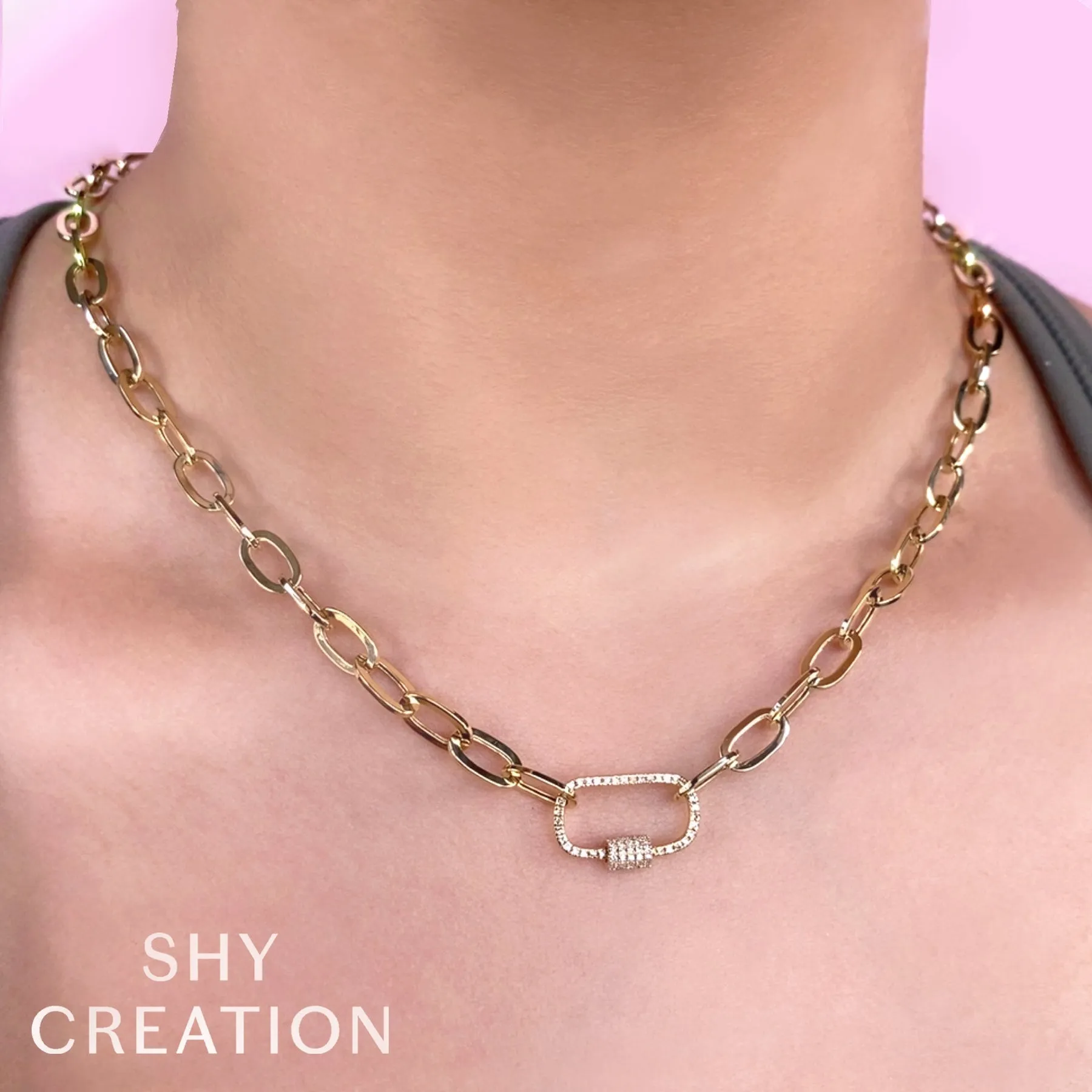 14K Yellow Gold Diamond Screw Lock Paperclip Link Necklace