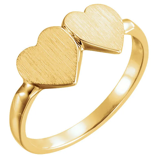 14k Yellow Gold Double Heart Signet Ring, Size 5.75