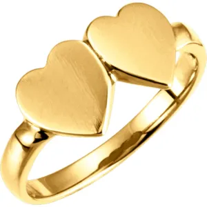 14k Yellow Gold Double Heart Signet Ring, Size 5.75