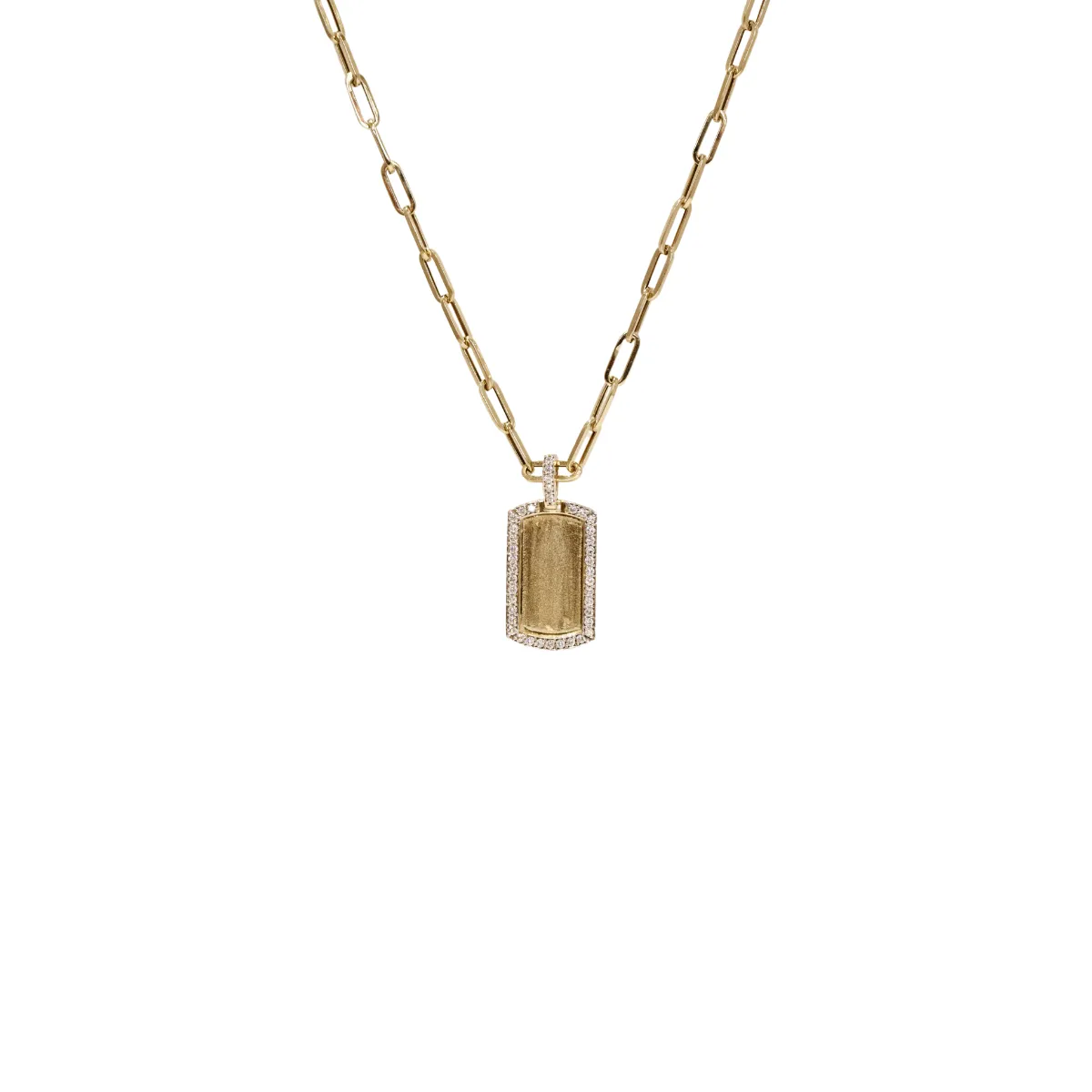 14k Yellow Gold Paperclip Necklace with Diamond Dog Tag Pendant