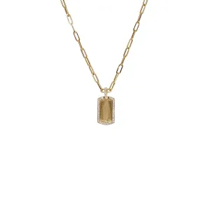 14k Yellow Gold Paperclip Necklace with Diamond Dog Tag Pendant