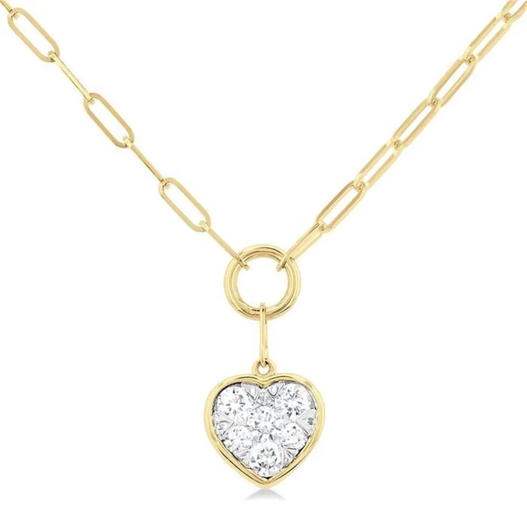 14K Yellow Gold Paperclip With Heart Shape Pavé Cluster Diamond Necklace