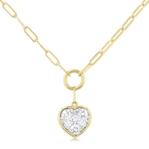14K Yellow Gold Paperclip With Heart Shape Pavé Cluster Diamond Necklace