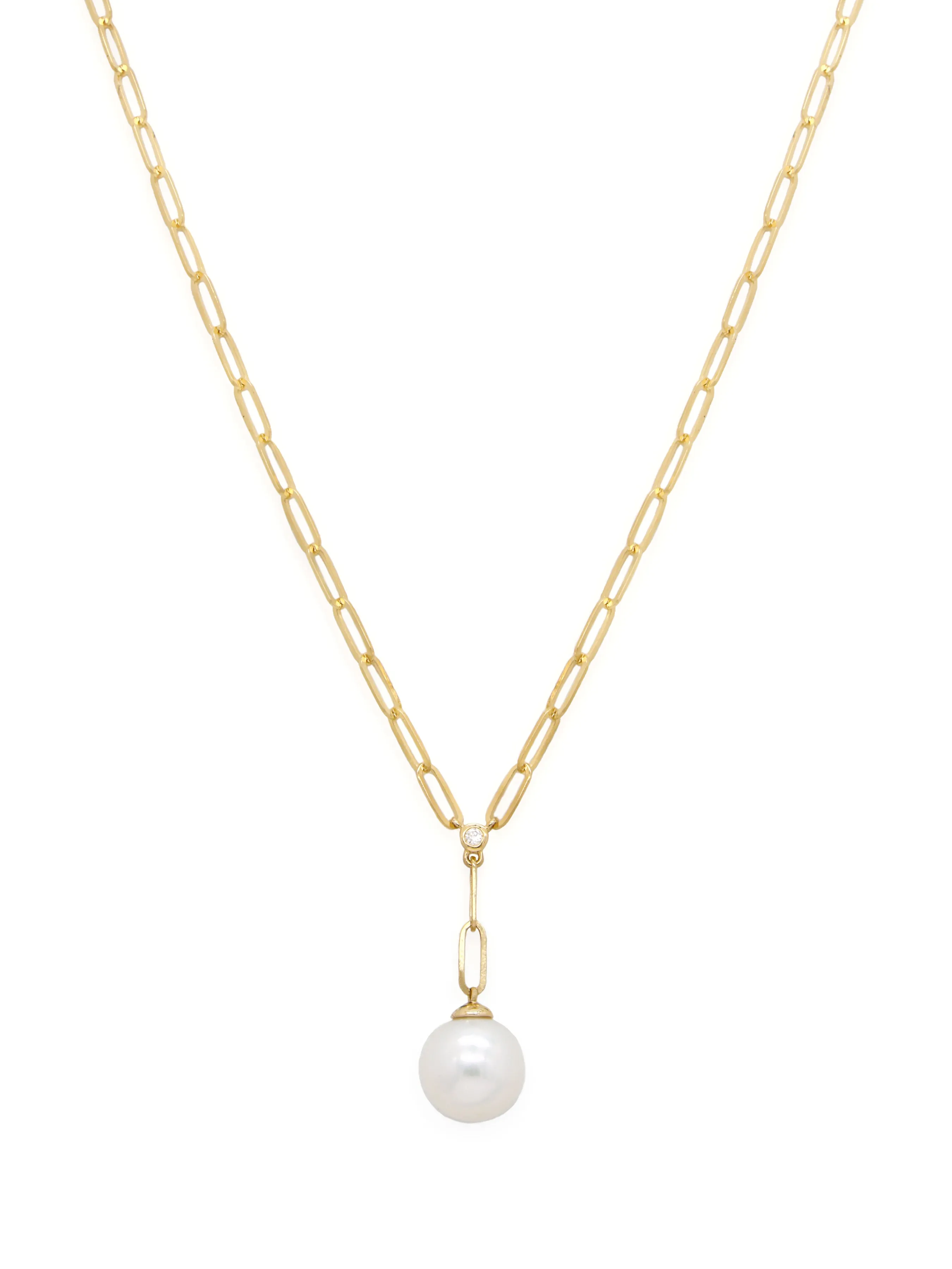 14k Yellow Gold Pearl/Diamond Paperclip Necklace