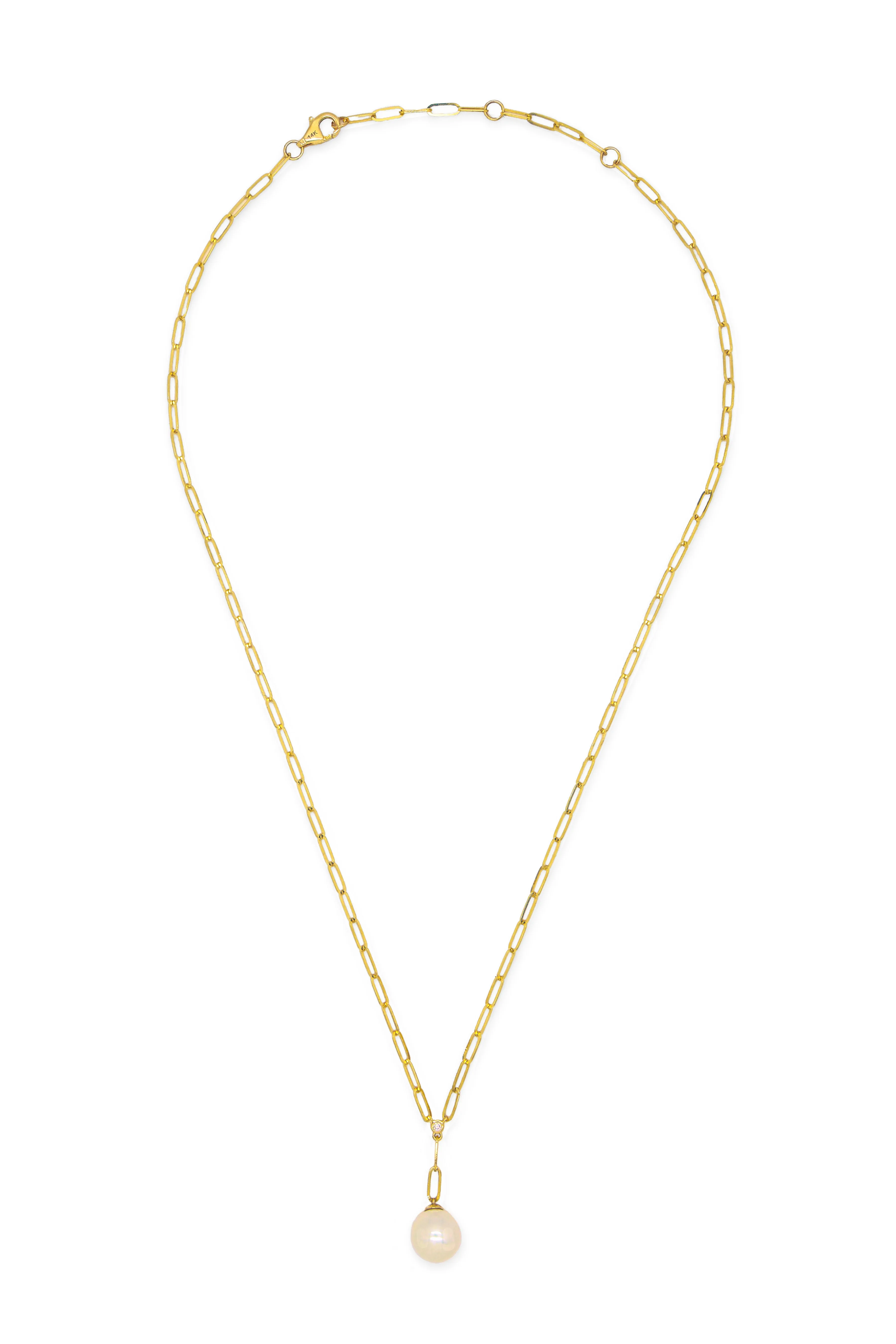 14k Yellow Gold Pearl/Diamond Paperclip Necklace