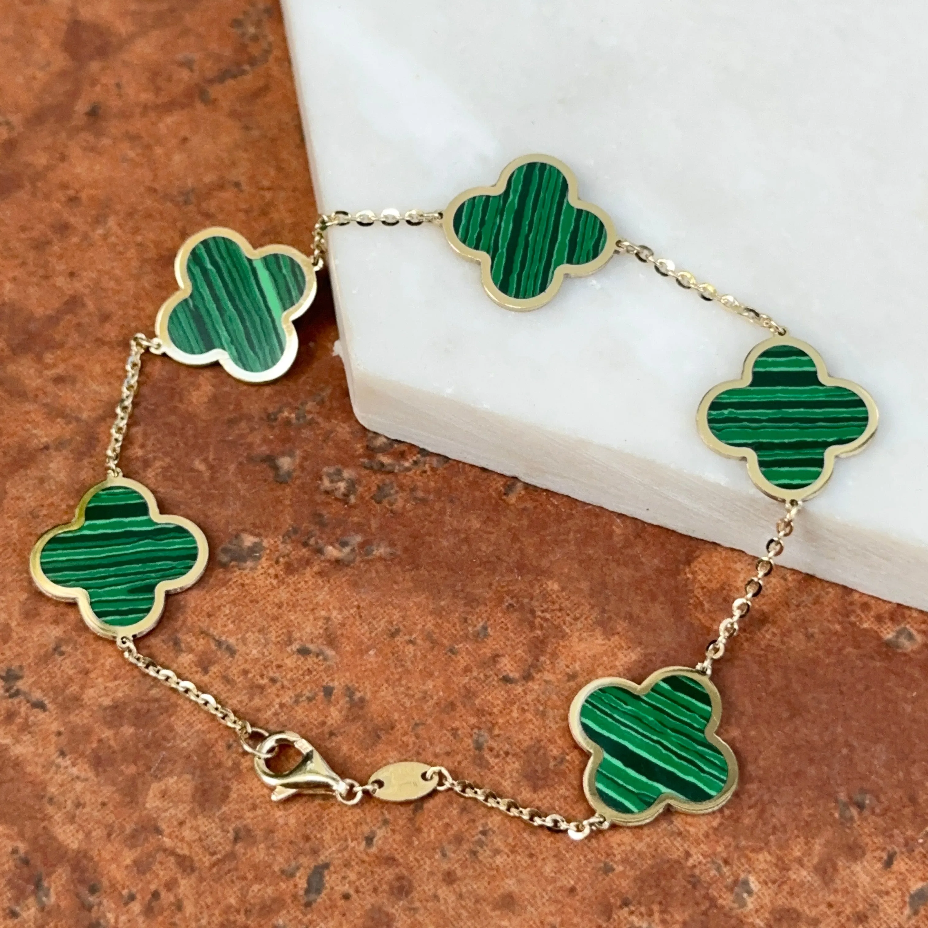 14KT Yellow Gold 14mm Green Malachite Clover Station Chain Bracelet