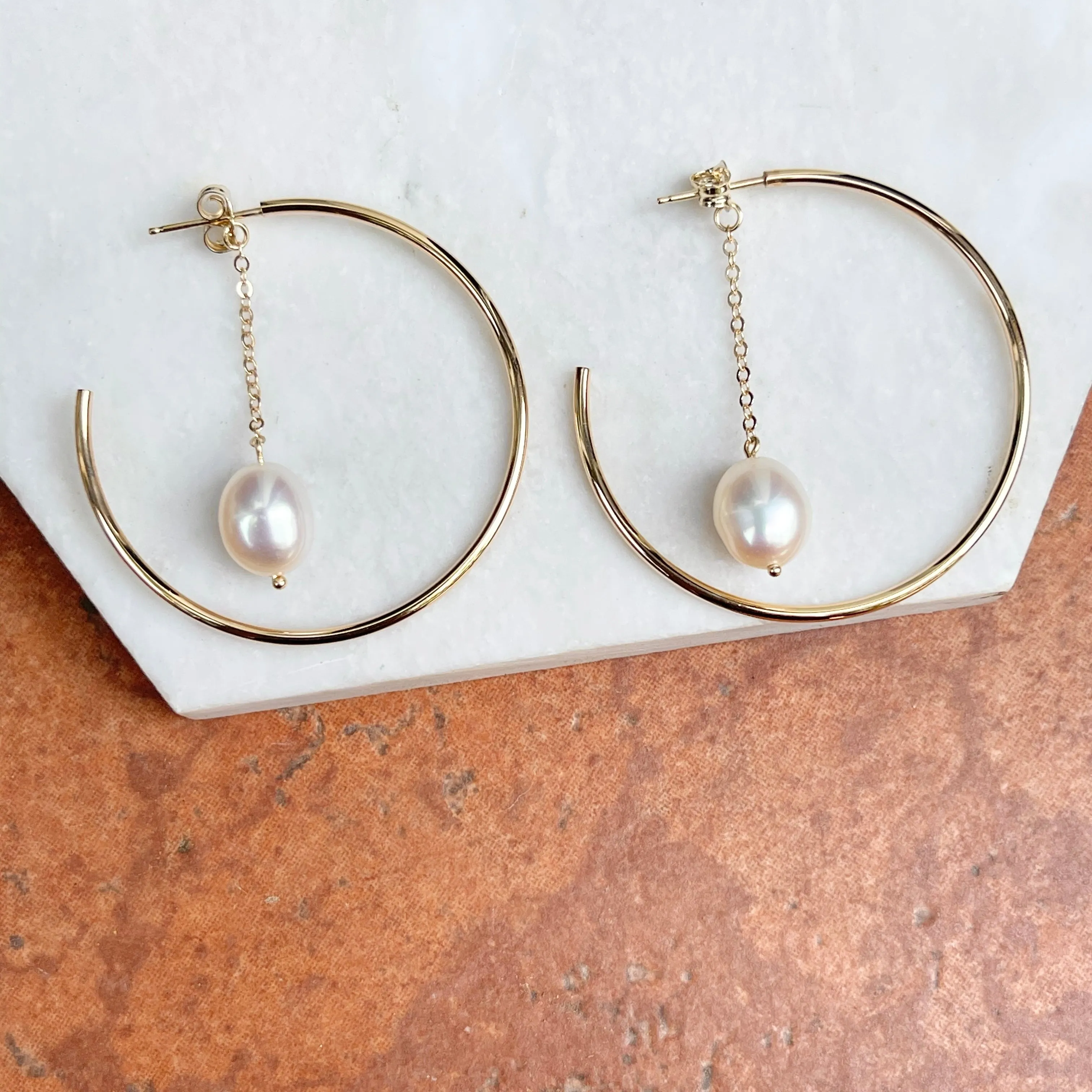 14KT Yellow Gold Freshwater Pearl Chain Hoop Earrings