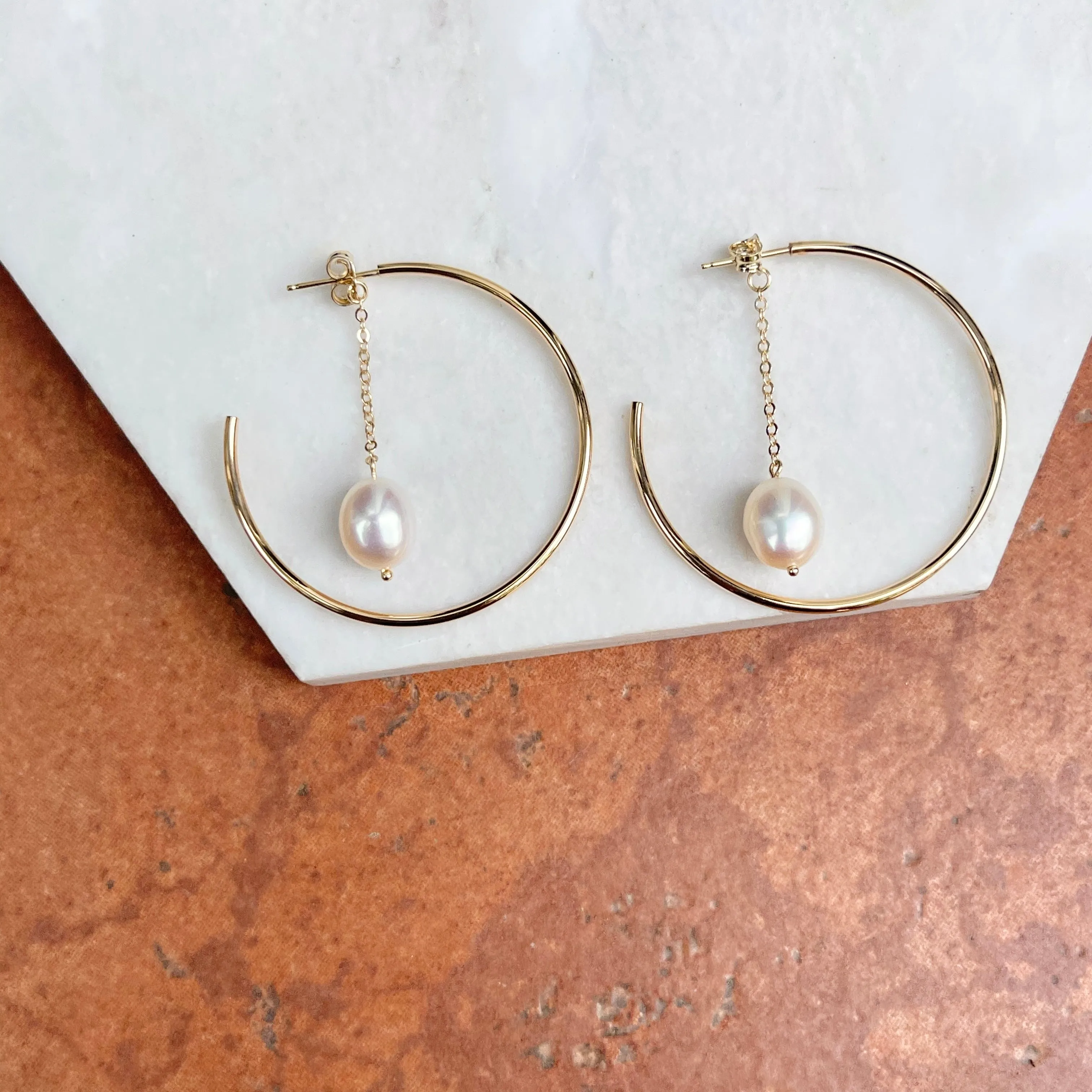 14KT Yellow Gold Freshwater Pearl Chain Hoop Earrings