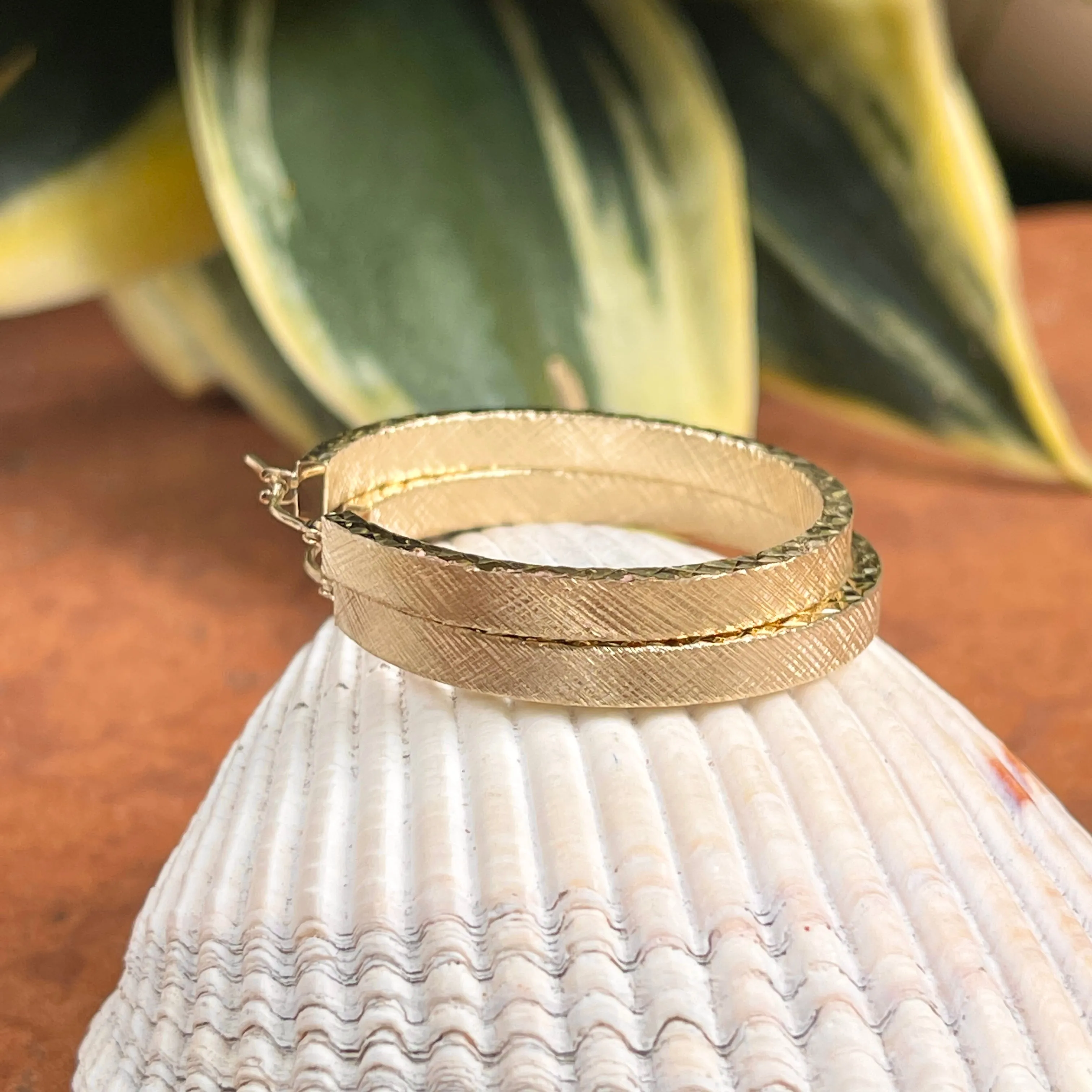 14KT Yellow Gold Satin   Diamond Cut Hoop Earrings 35mm