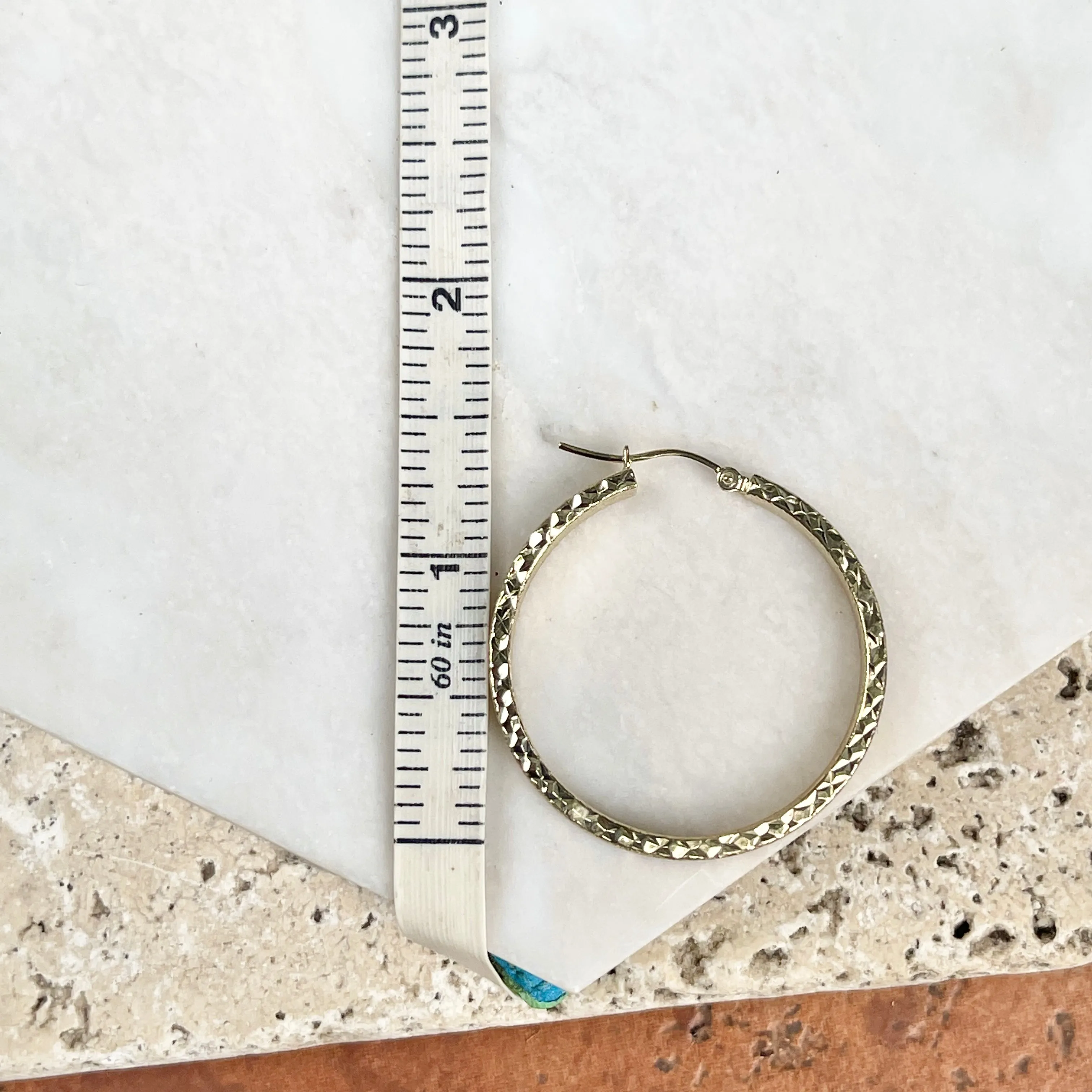 14KT Yellow Gold Satin   Diamond Cut Hoop Earrings 35mm