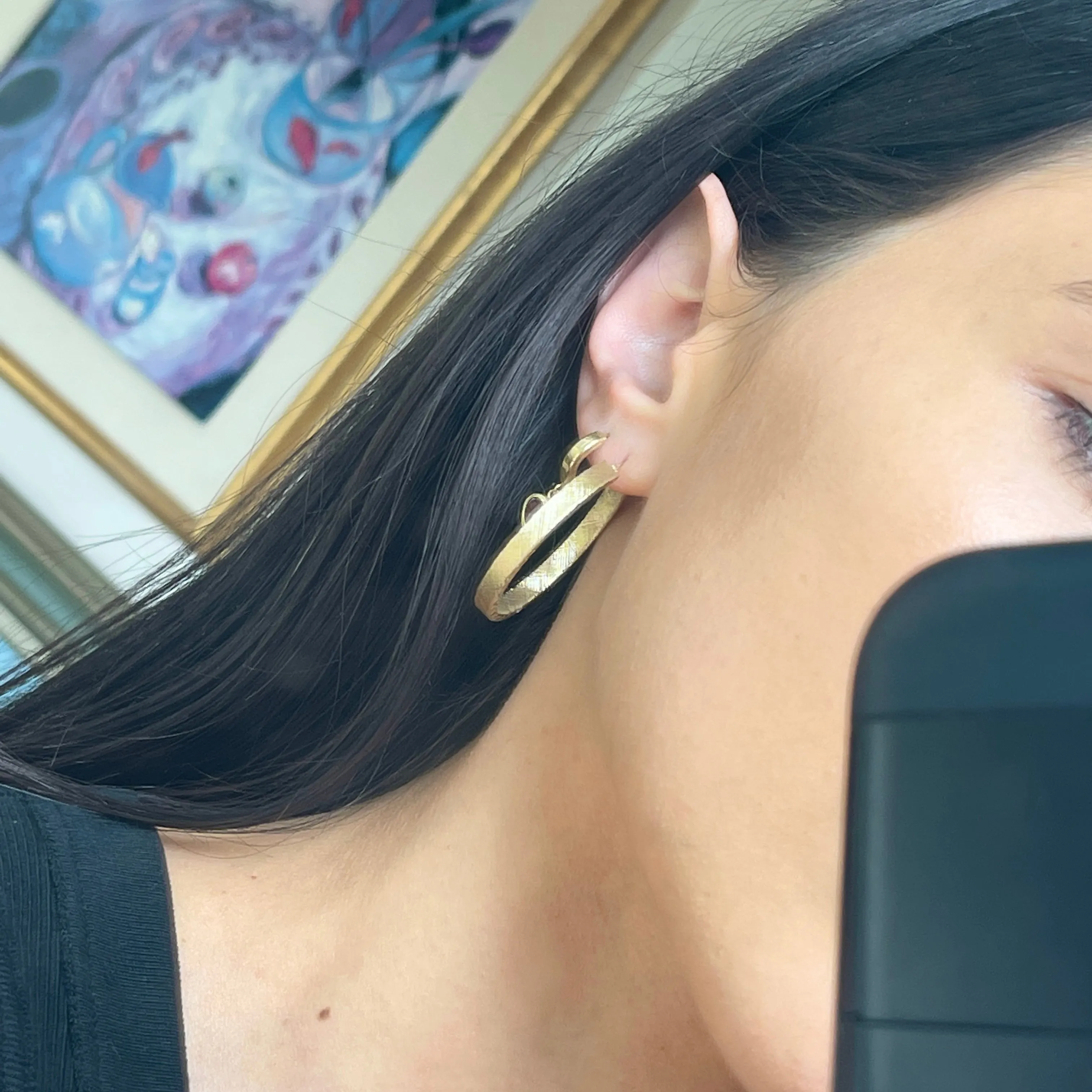 14KT Yellow Gold Satin   Diamond Cut Hoop Earrings 35mm
