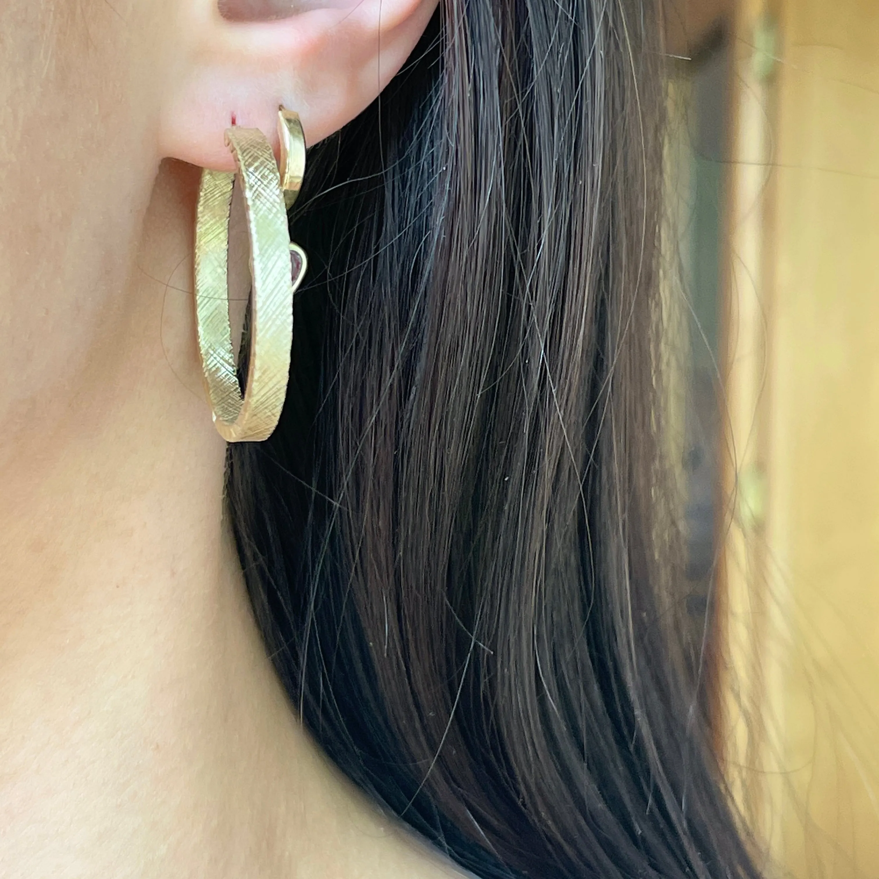 14KT Yellow Gold Satin   Diamond Cut Hoop Earrings 35mm