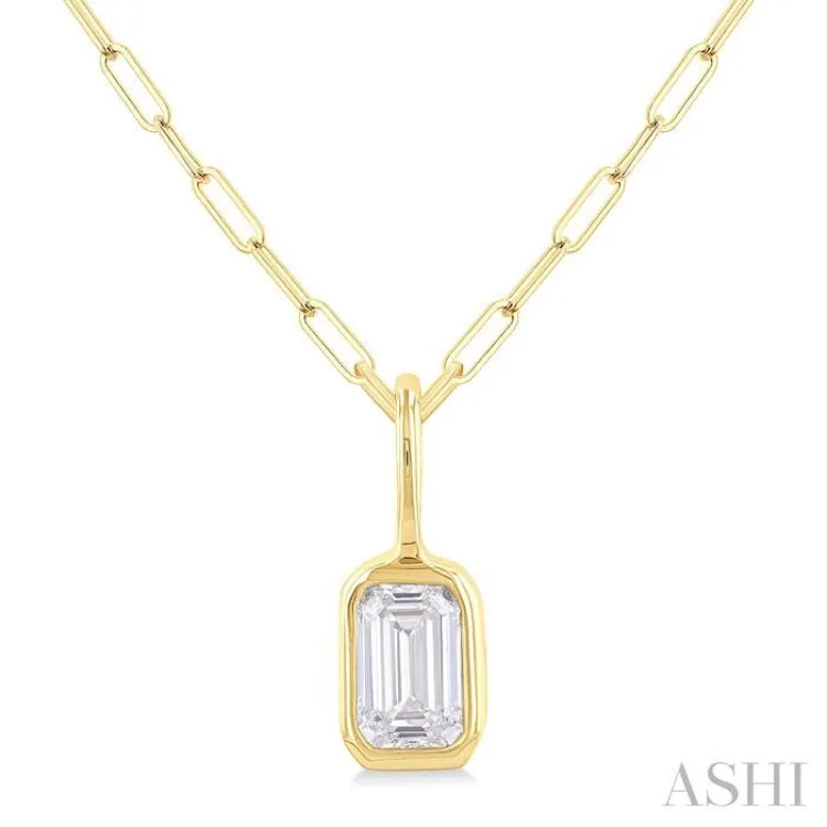 1/5 ctw Emerald Cut Bezel Set Diamond Fashion Pendant With Paperclip Chain in 10K Yellow Gold