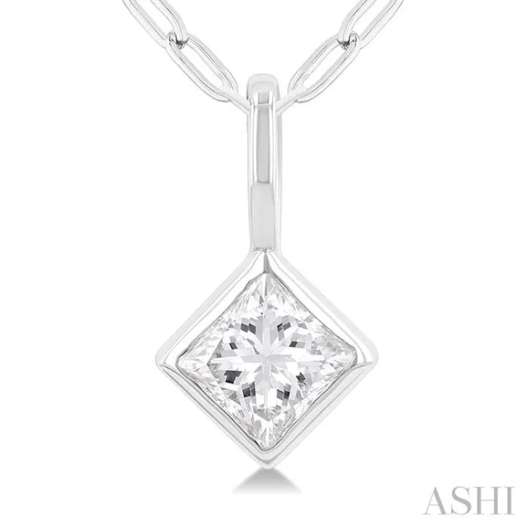 1/5 ctw Princess Cut Bezel Set Diamond Fashion Pendant with Paperclip Chain in 10K White Gold