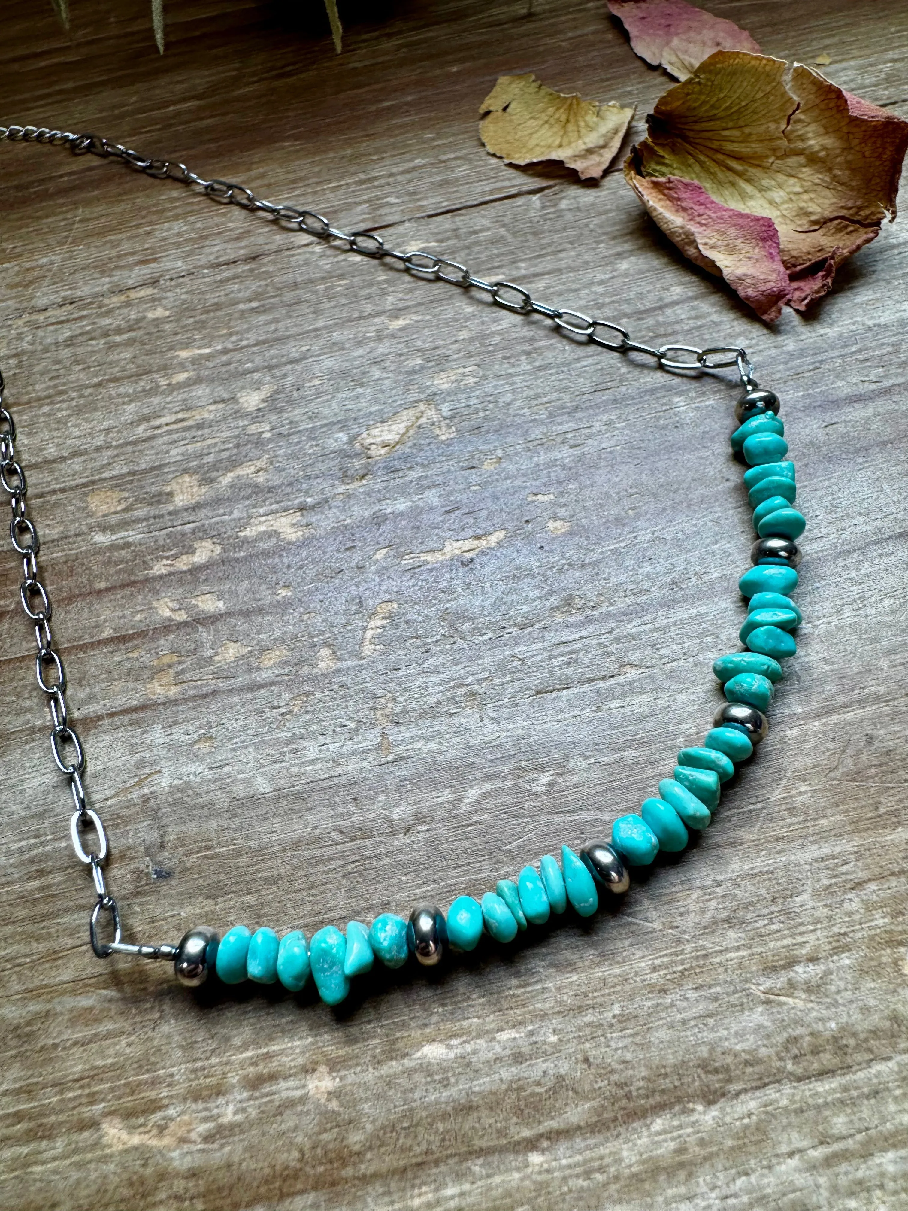 15-Inch Paperclip Chain Necklace with Blue Turquoise Nugget & Sterling Saucer Pearls