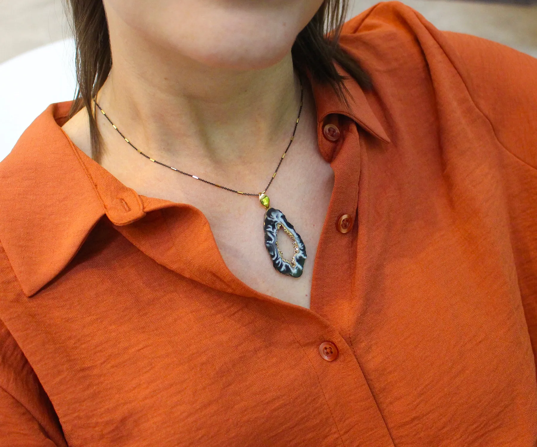 18k Gold Geode Slice Druzy Quartz Necklace