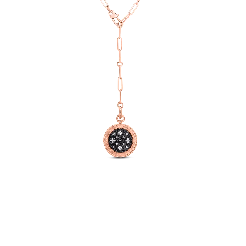18K ROSE VENETIAN PRINCESS BLK & WHT DIAMOND MEDALLION W. COIN EDGE DETAIL ON LINK CHAIN